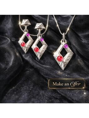 VTG Park Lane Parisian Silver Tone Pink Rhinestone Necklace & Clip Earring Set